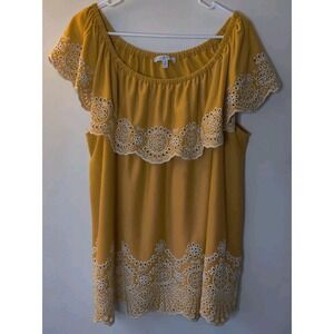 Fever Embroidered Ruffle Sleeveless‎ Off Shoulder Blouse Mustard/Yellow Size 1X